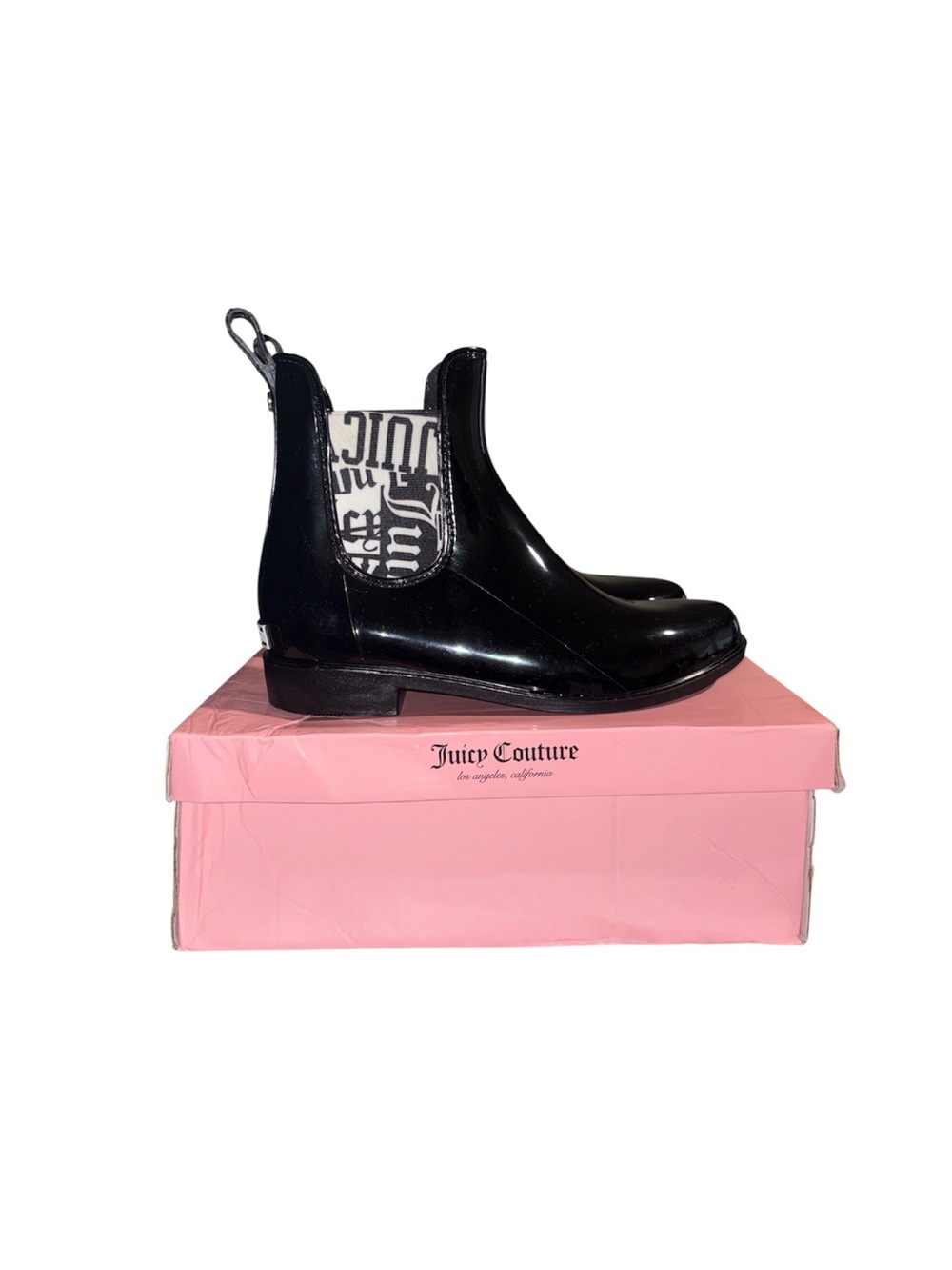 Juicy Couture Romance Black Shiny Rubber Ankle Rainboots Goth Grunge Women’s 8